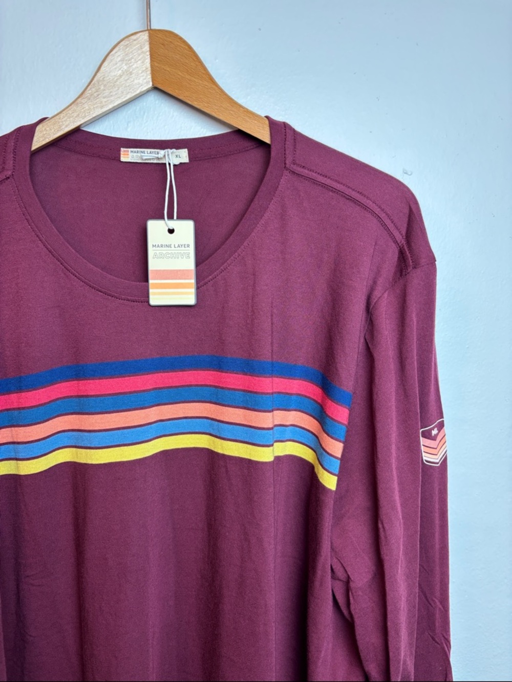 NWT Marine Layer Men's  XL Archive Chest Stripe Tee Tawny Port Long‎ Sleeve Crew - Picture 3 of 6
